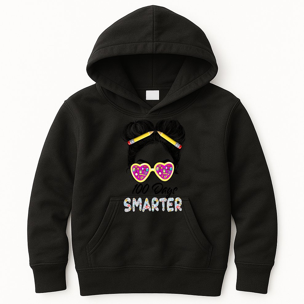 100 Days Smarter Girls Messy Bun Hair 100th Day Of School Kids Hoodie