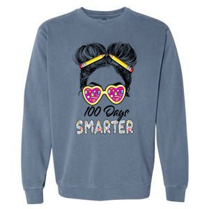 100 Days Smarter Girls Messy Bun Hair 100th Day Of School Garment-Dyed Sweatshirt