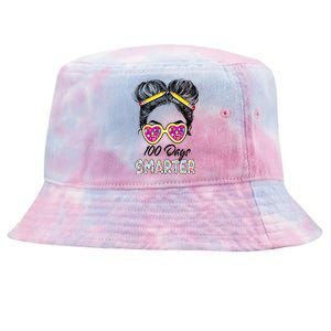 100 Days Smarter Girls Messy Bun Hair 100th Day Of School Tie-Dyed Bucket Hat