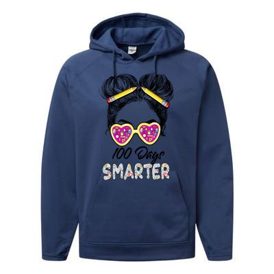 100 Days Smarter Girls Messy Bun Hair 100th Day Of School Performance Fleece Hoodie