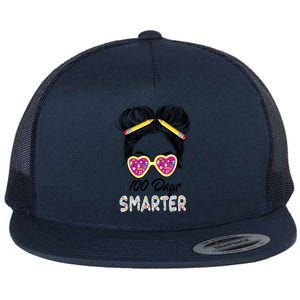 100 Days Smarter Girls Messy Bun Hair 100th Day Of School Flat Bill Trucker Hat