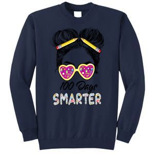 100 Days Smarter Girls Messy Bun Hair 100th Day Of School Tall Sweatshirt