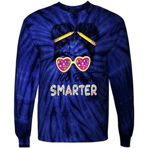 100 Days Smarter Girls Messy Bun Hair 100th Day Of School Tie-Dye Long Sleeve Shirt