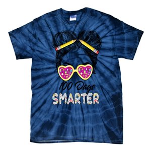 100 Days Smarter Girls Messy Bun Hair 100th Day Of School Tie-Dye T-Shirt