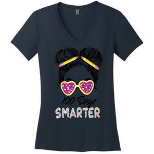 100 Days Smarter Girls Messy Bun Hair 100th Day Of School Women's V-Neck T-Shirt