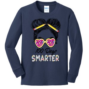 100 Days Smarter Girls Messy Bun Hair 100th Day Of School Kids Long Sleeve Shirt