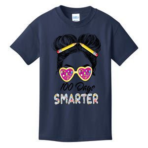 100 Days Smarter Girls Messy Bun Hair 100th Day Of School Kids T-Shirt