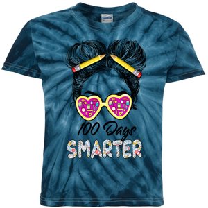 100 Days Smarter Girls Messy Bun Hair 100th Day Of School Kids Tie-Dye T-Shirt