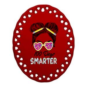 100 Days Smarter Girls Messy Bun Hair 100th Day Of School Ceramic Oval Ornament