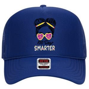 100 Days Smarter Girls Messy Bun Hair 100th Day Of School High Crown Mesh Back Trucker Hat