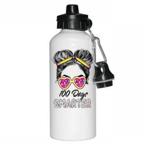 100 Days Smarter Girls Messy Bun Hair 100th Day Of School Aluminum Water Bottle