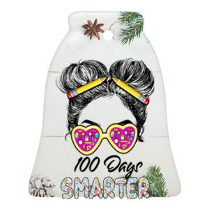 100 Days Smarter Girls Messy Bun Hair 100th Day Of School Ceramic Bell Ornament