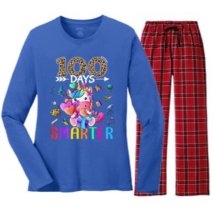 100 Days Smarter Unicorn Happy 100th Day Of School Gift Women's Long Sleeve Flannel Pajama Set 