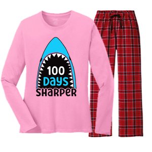 100 Days Sharper Boy Shark 100th Day Of School Women's Long Sleeve Flannel Pajama Set 