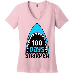 100 Days Sharper Boy Shark 100th Day Of School Women's V-Neck T-Shirt