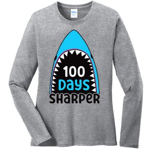 100 Days Sharper Boy Shark 100th Day Of School Ladies Long Sleeve Shirt