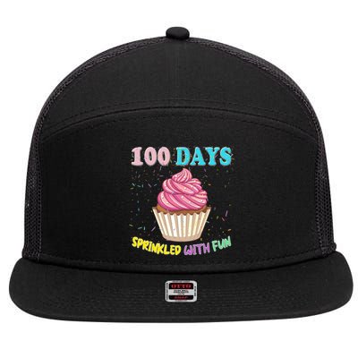 100 Days Sprinkled Fun Pink Cupcake 100th Day Of School Gift 7 Panel Mesh Trucker Snapback Hat