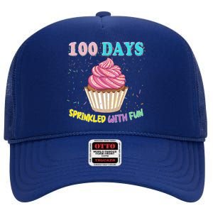 100 Days Sprinkled Fun Pink Cupcake 100th Day Of School Gift High Crown Mesh Back Trucker Hat