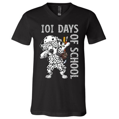 101 Days School Dabbing Dalmatian Dog Teachers V-Neck T-Shirt