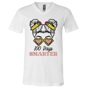 100 Days Smarter Bun 100th Day School Teacher V-Neck T-Shirt