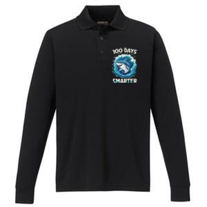 100 Days Smarter Funny Shark 100th Day Of School Boy Shark Performance Long Sleeve Polo