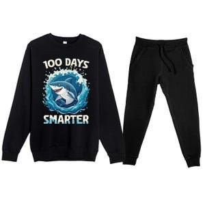 100 Days Smarter Funny Shark 100th Day Of School Boy Shark Premium Crewneck Sweatsuit Set