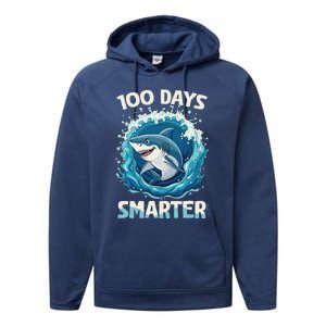 100 Days Smarter Funny Shark 100th Day Of School Boy Shark Performance Fleece Hoodie