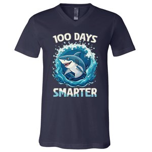 100 Days Smarter Funny Shark 100th Day Of School Boy Shark V-Neck T-Shirt