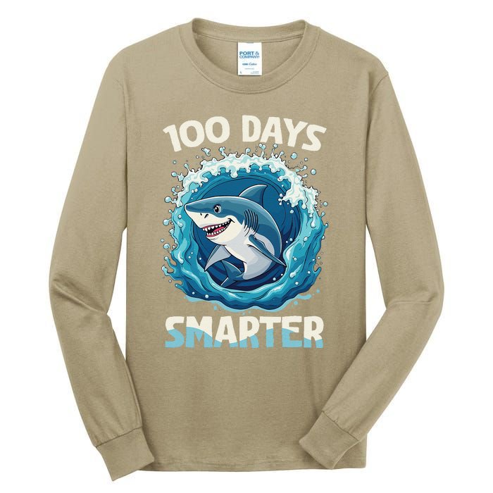 100 Days Smarter Funny Shark 100th Day Of School Boy Shark Tall Long Sleeve T-Shirt