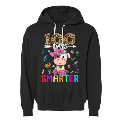 100 Days Smarter Cute Cow  Happy 100th Day of school  Garment-Dyed Fleece Hoodie