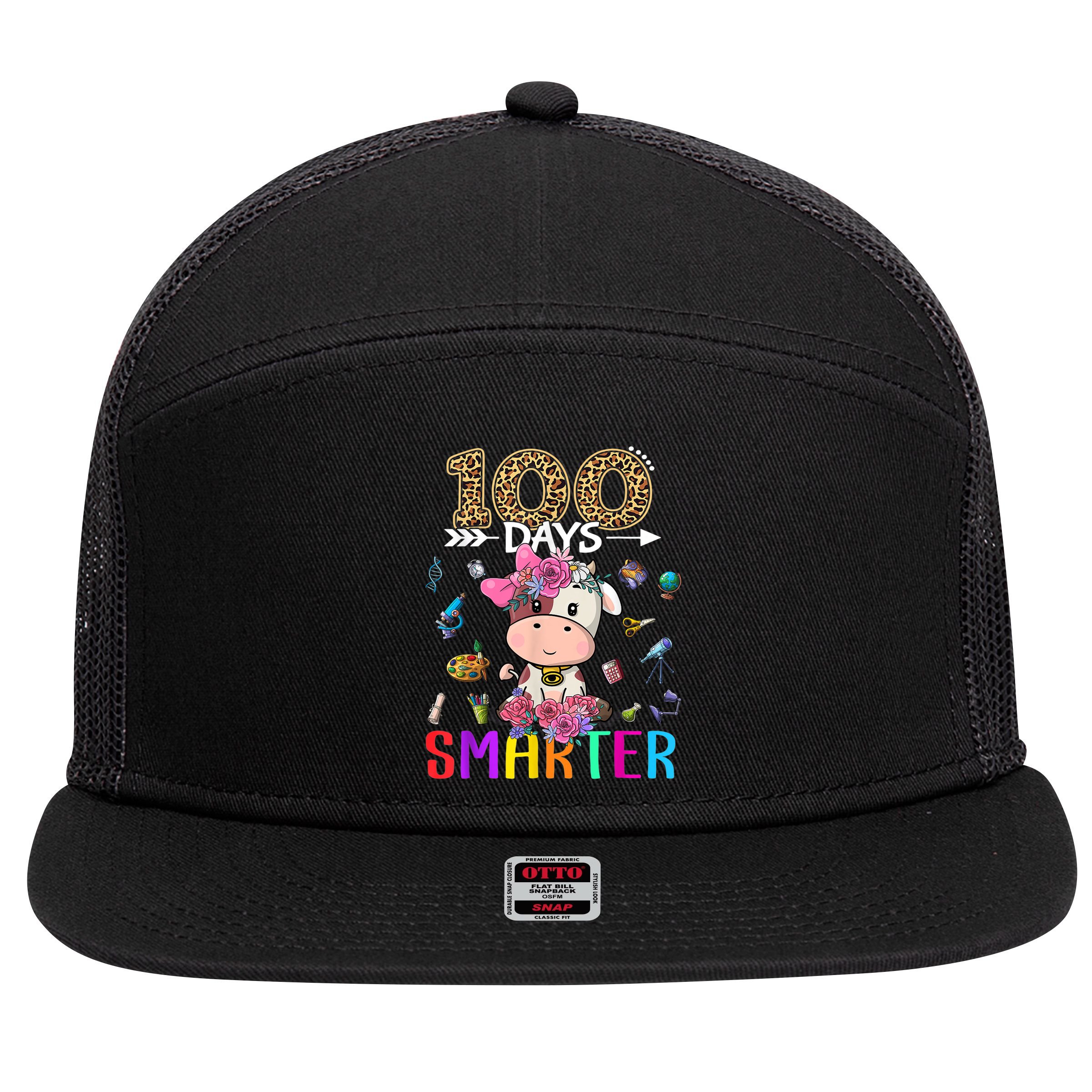 100 Days Smarter Cute Cow  Happy 100th Day of school  7 Panel Mesh Trucker Snapback Hat