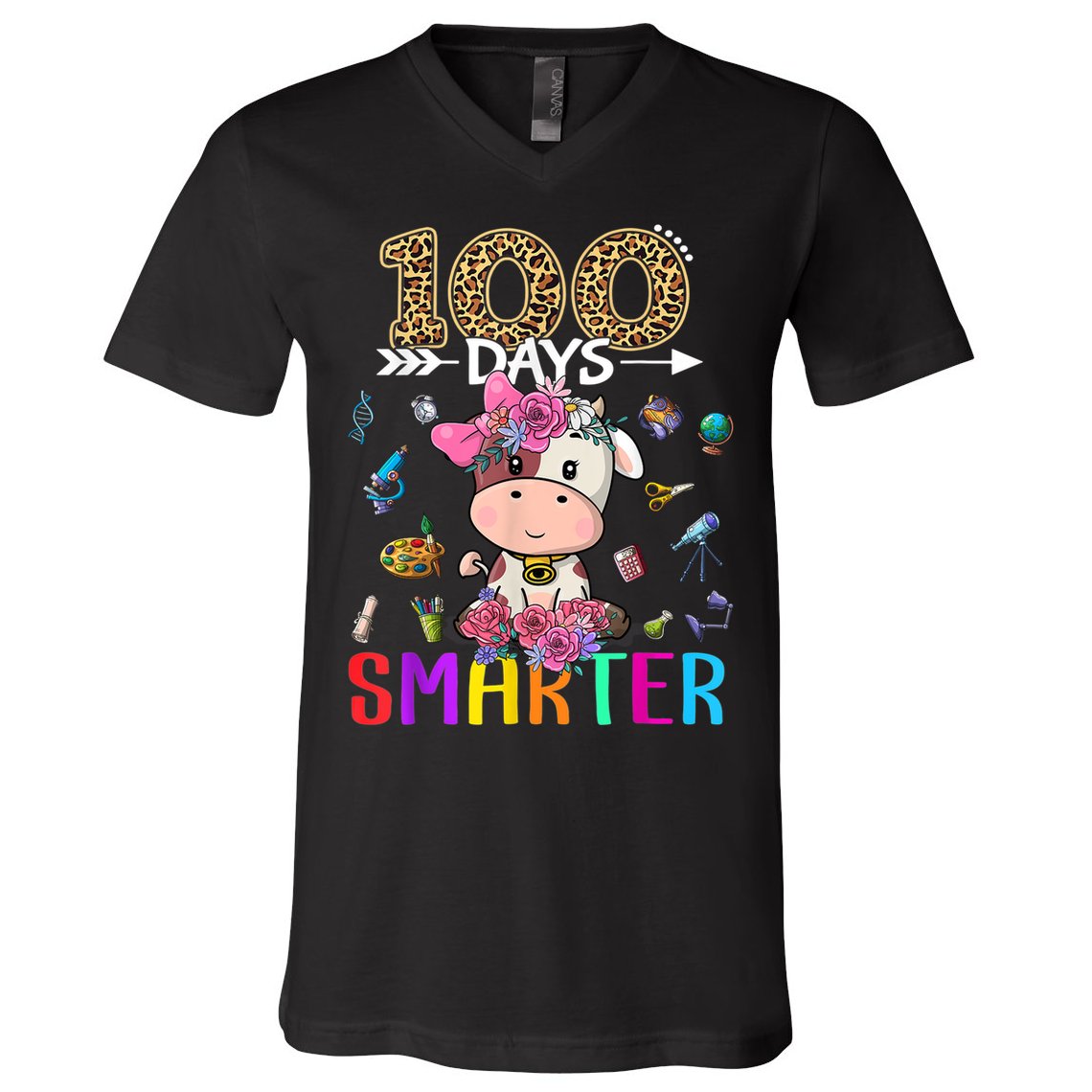 100 Days Smarter Cute Cow  Happy 100th Day of school  V-Neck T-Shirt
