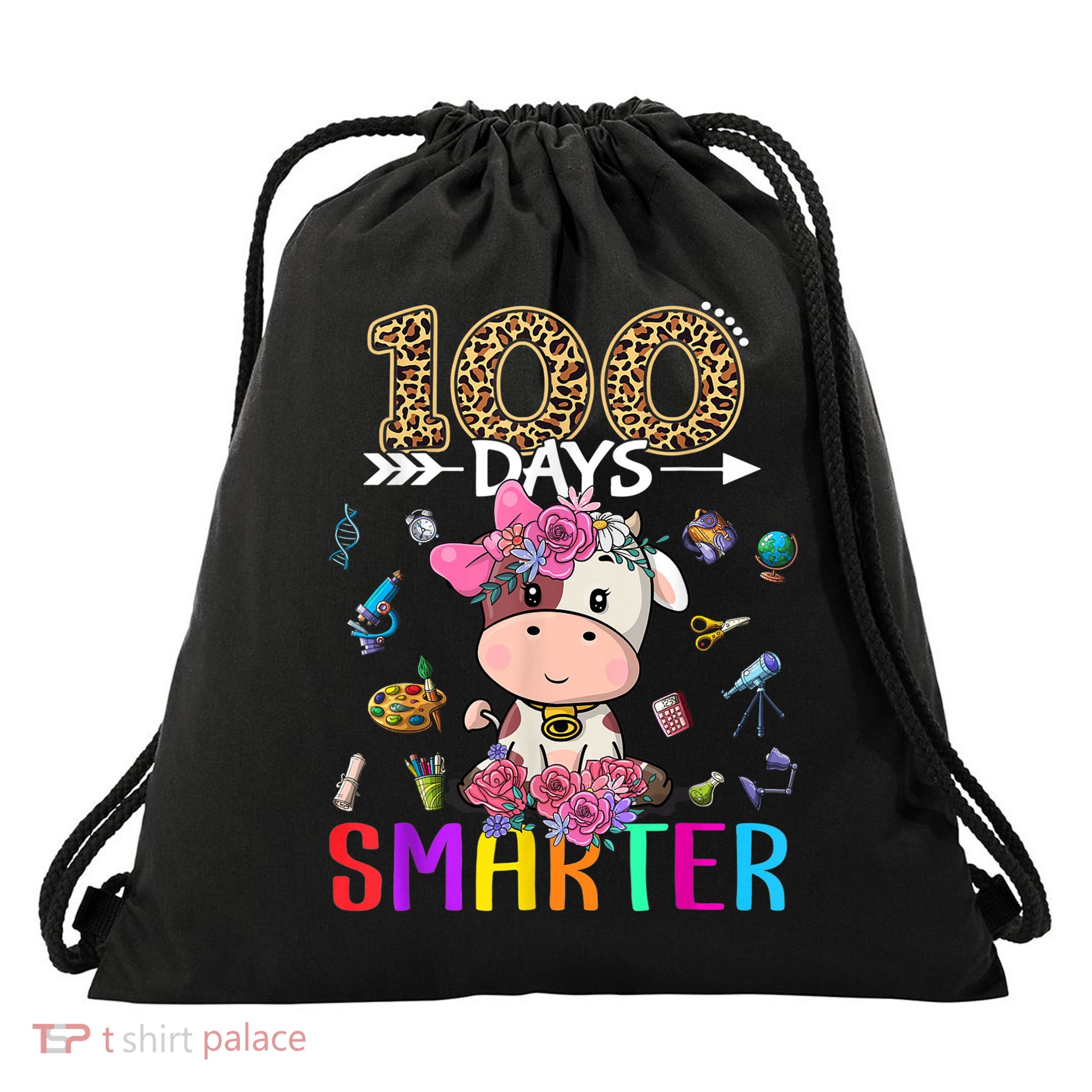 100 Days Smarter Cute Cow  Happy 100th Day of school  Drawstring Bag