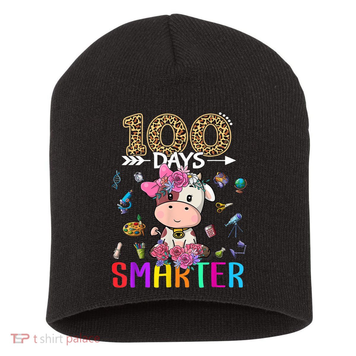 100 Days Smarter Cute Cow  Happy 100th Day of school  Short Acrylic Beanie
