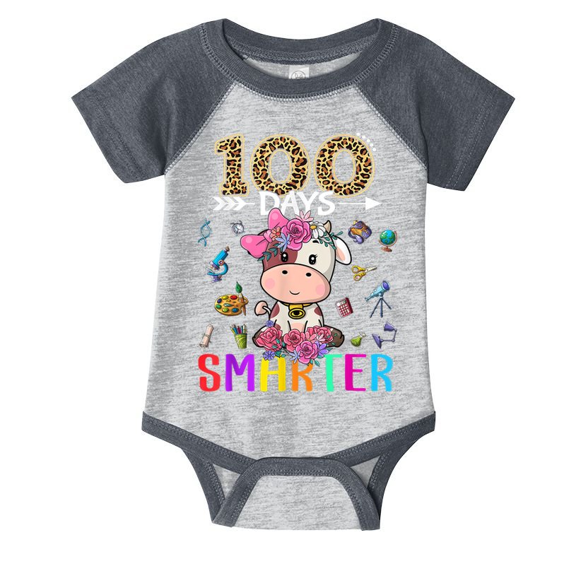 100 Days Smarter Cute Cow  Happy 100th Day of school  Infant Baby Jersey Bodysuit