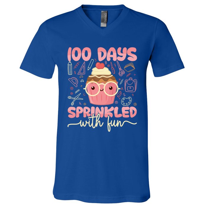 100 Days Sprinkled With Fun Cupcake 100th Day School Gift Meaningful Gift V-Neck T-Shirt