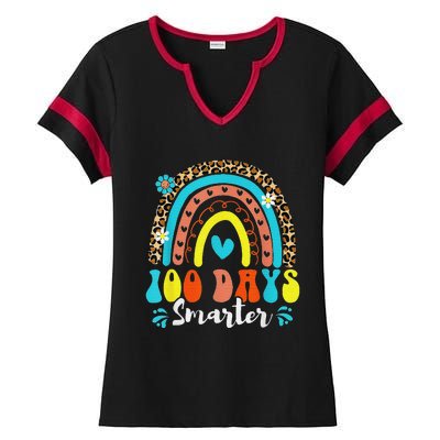 100 Days Smarter Rainbow Leopard Happy 100th Day Of School Ladies Halftime Notch Neck Tee