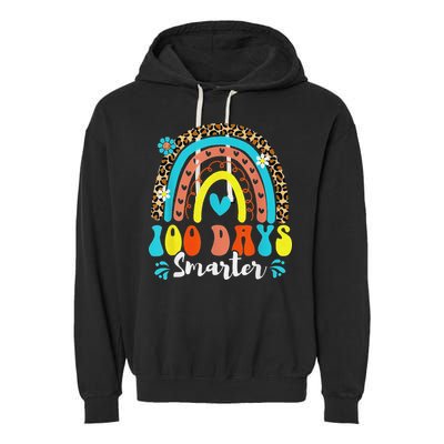100 Days Smarter Rainbow Leopard Happy 100th Day Of School Garment-Dyed Fleece Hoodie