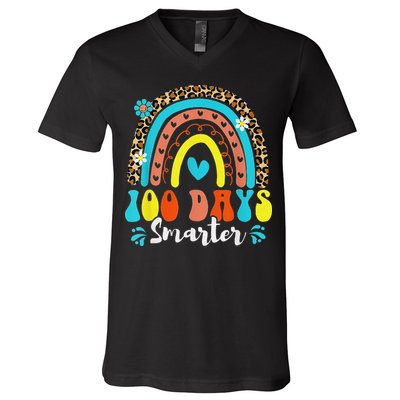 100 Days Smarter Rainbow Leopard Happy 100th Day Of School V-Neck T-Shirt