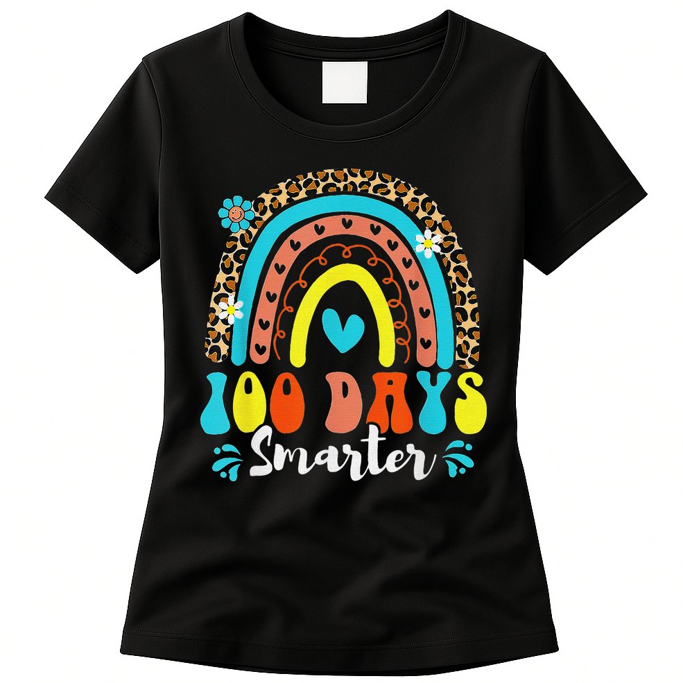100 Days Smarter Rainbow Leopard Happy 100th Day Of School Womens T-Shirt