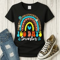 100 Days Smarter Rainbow Leopard Happy 100th Day Of School Womens T-Shirt
