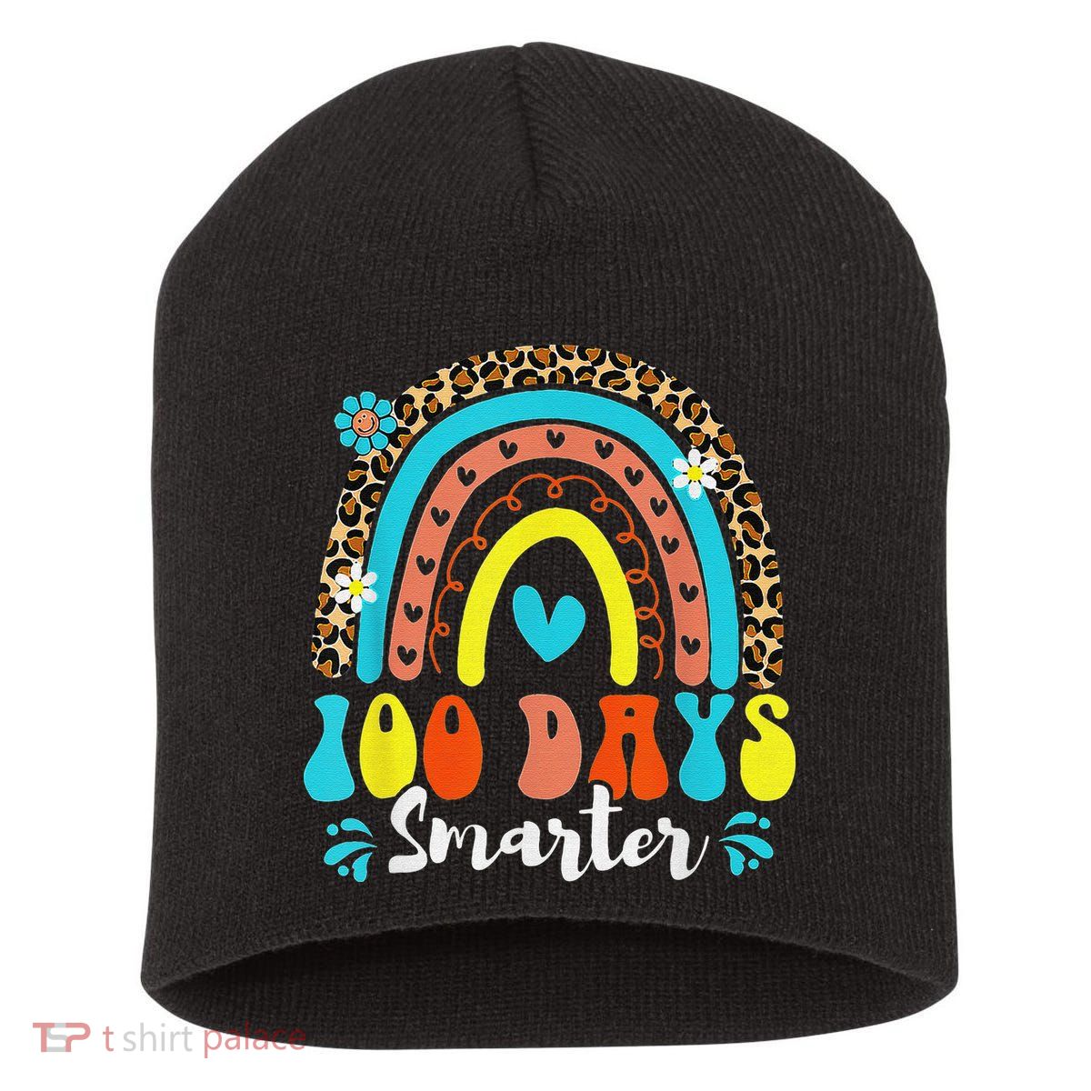 100 Days Smarter Rainbow Leopard Happy 100th Day Of School Short Acrylic Beanie