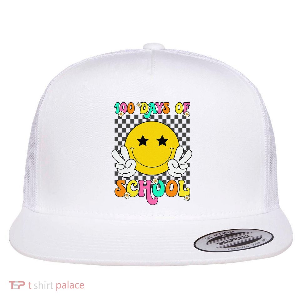 100 Days Vibes Smile Face 100 Days Of School Gift Flat Bill Trucker Hat