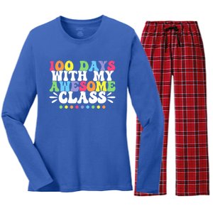 100 Days With My Awesome Class Teachers 100th Day Of School Cute Gift Women's Long Sleeve Flannel Pajama Set 