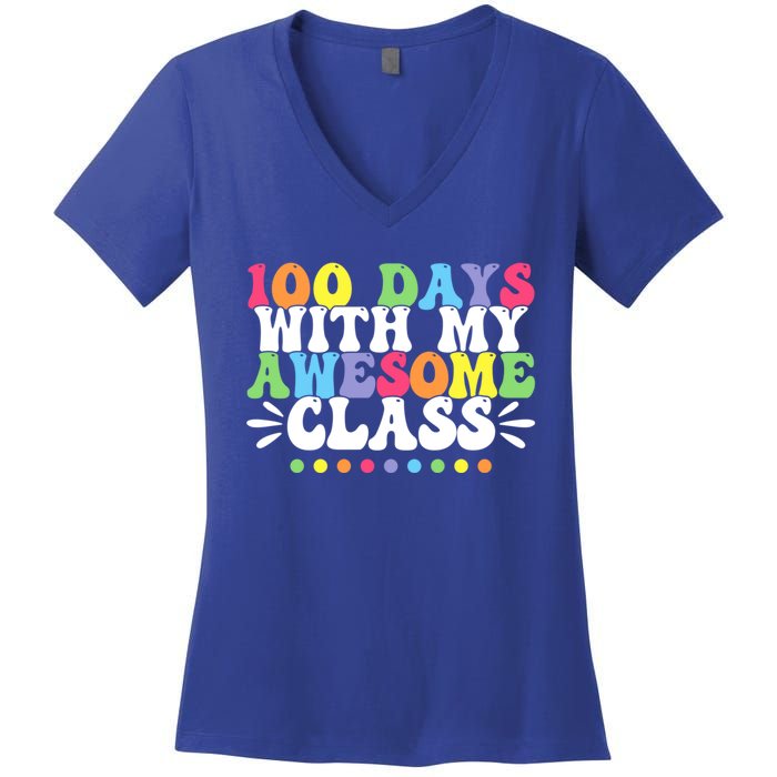 100 Days With My Awesome Class Teachers 100th Day Of School Cute Gift Women's V-Neck T-Shirt