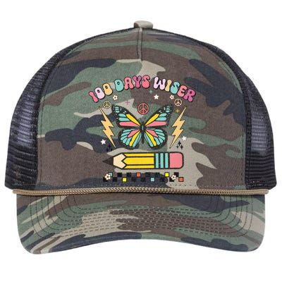 100 Days Wiser 100 Days Of School Celebrate Butterfly Retro Rope Trucker Hat Cap