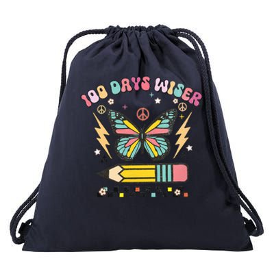 100 Days Wiser 100 Days Of School Celebrate Butterfly Drawstring Bag