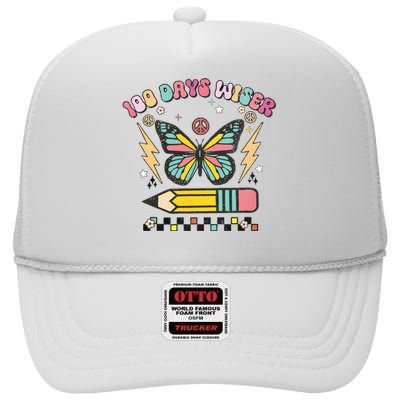 100 Days Wiser 100 Days Of School Celebrate Butterfly High Crown Mesh Back Trucker Hat