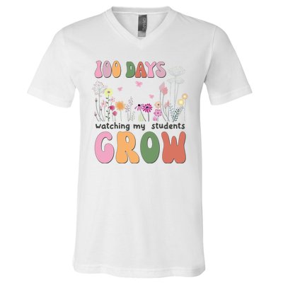 100 Days Watching My Students Grow Floral V-Neck T-Shirt