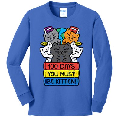 100 Days You Must Be Kitten Cats On Books 100th Day School Gift Kids Long Sleeve Shirt